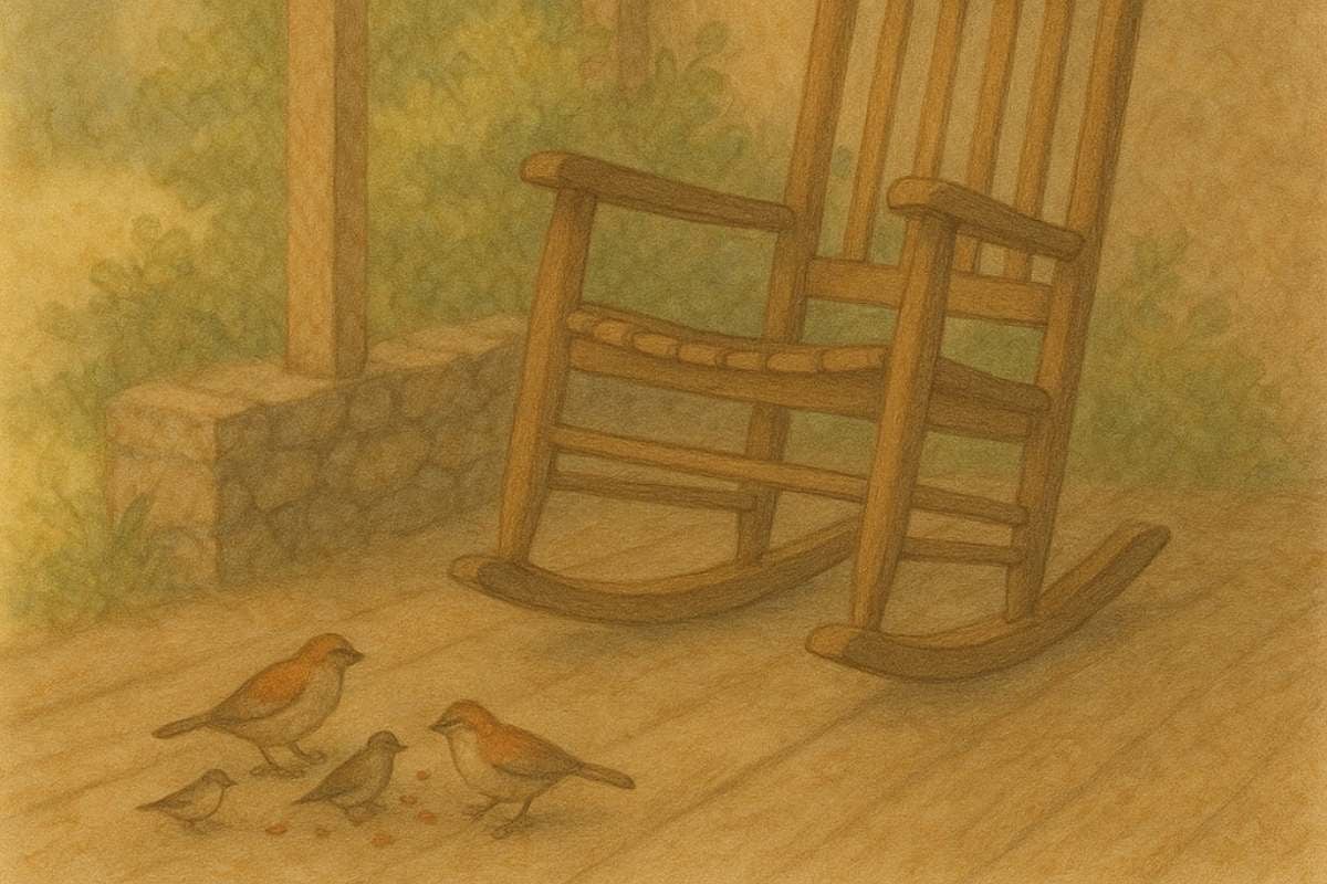 A wooden rocking chair on a porch with small birds gathered around, bathed in warm golden light.