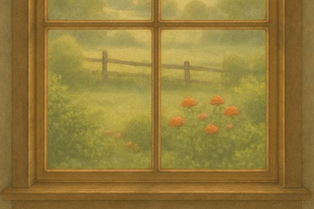 A window framing a countryside view with orange wildflowers and a wooden fence in the distance.