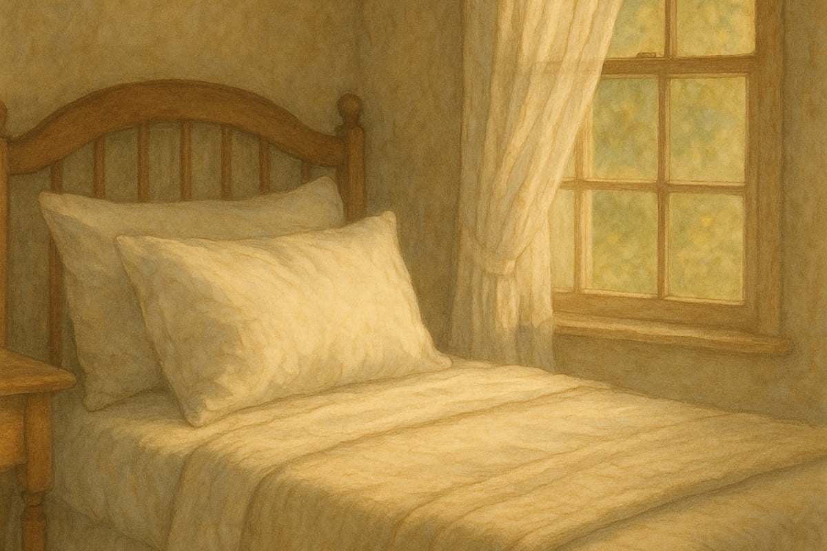 An open window with sheer white curtains billowing in the breeze, glimpses of flowers outside.