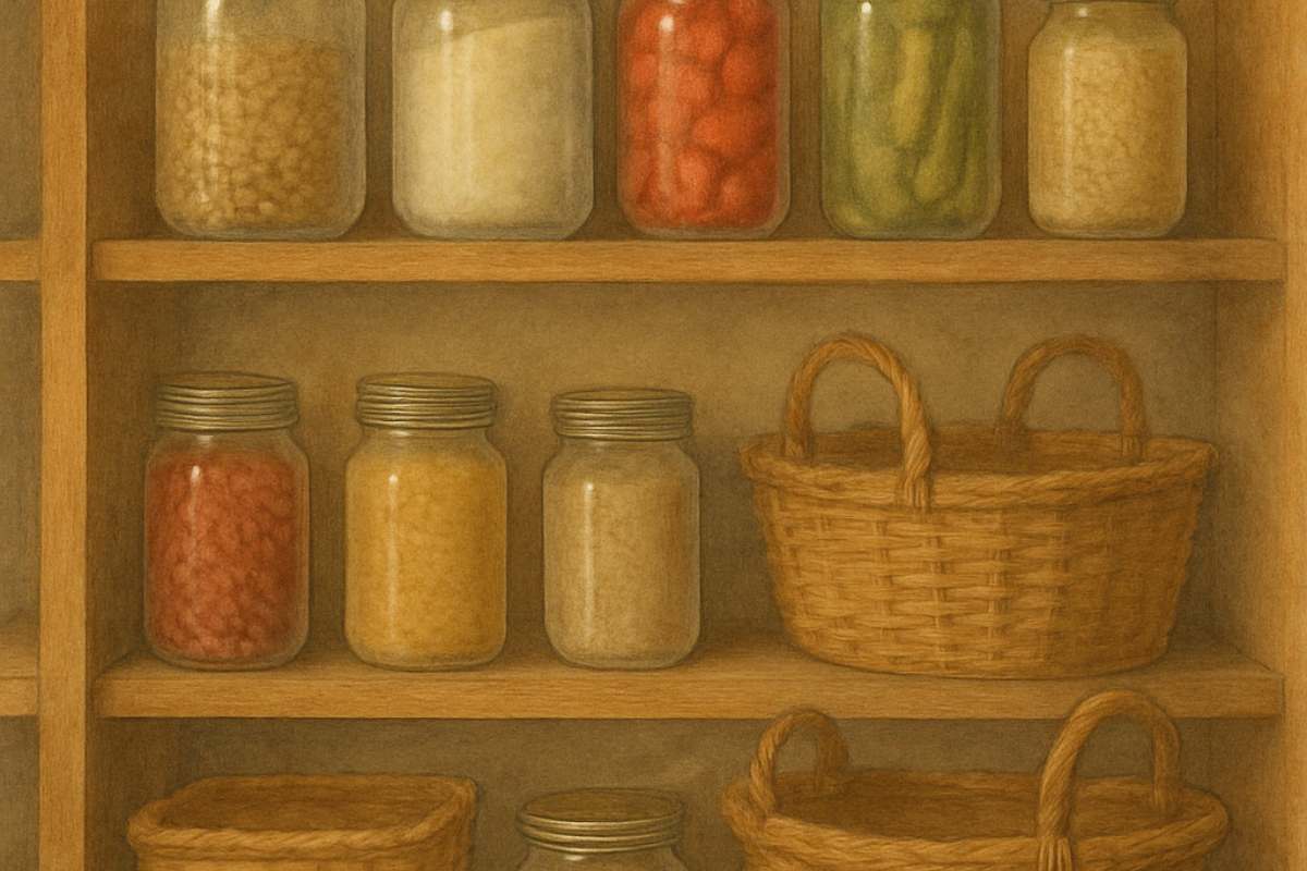 Wooden shelves with glass mason jars of preserved vegetables and fruits, alongside woven baskets.
