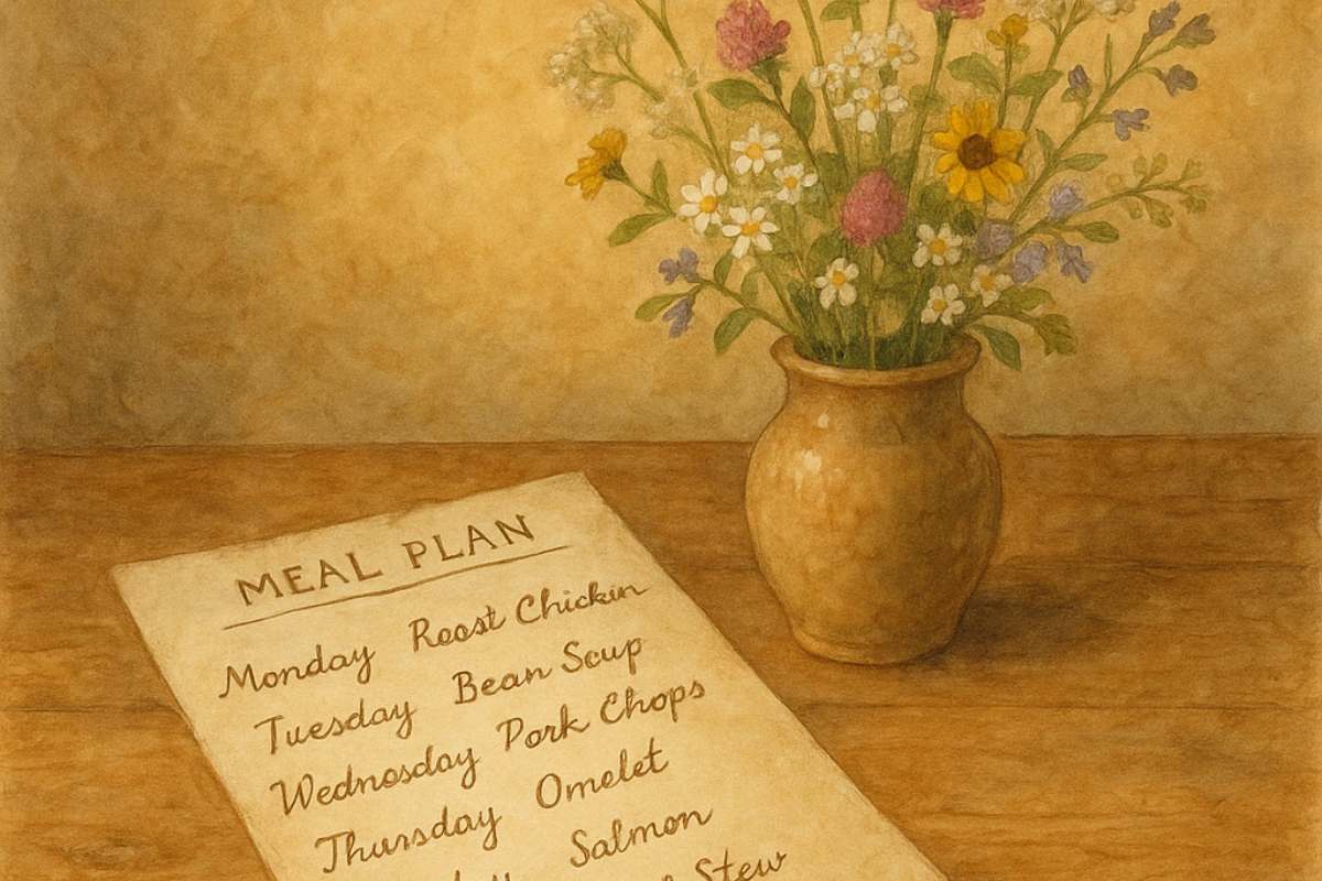 A handwritten meal plan on parchment paper beside a pottery vase with wildflowers on a wooden table.