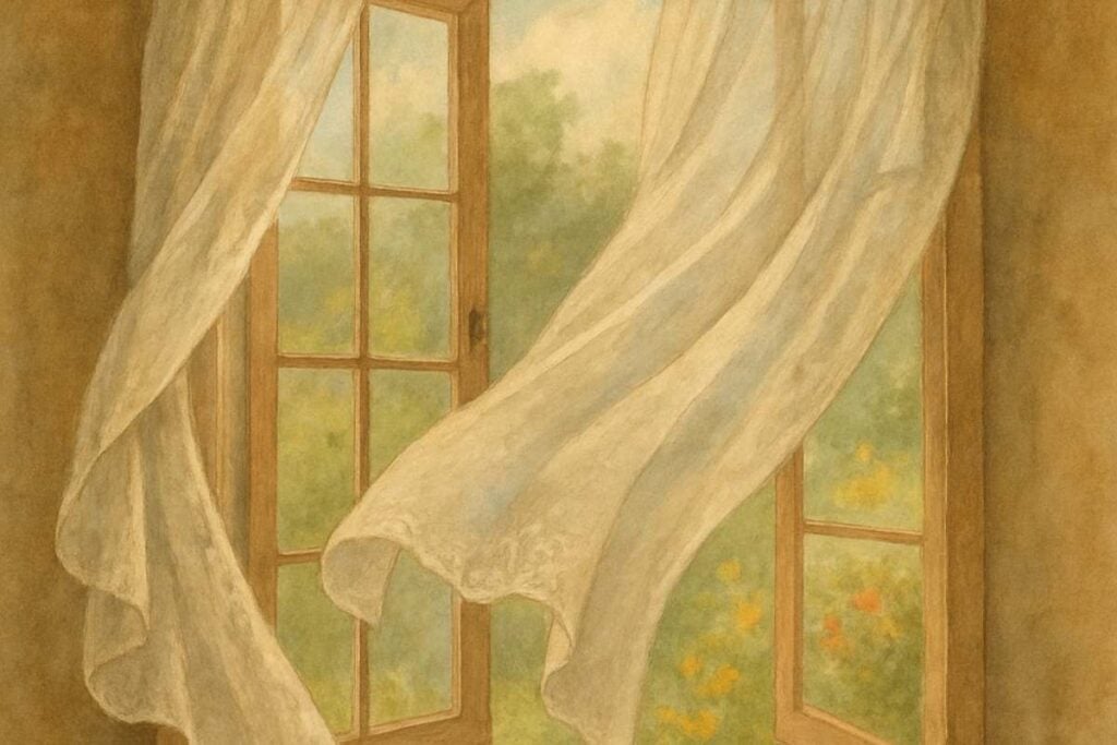 An open window with sheer white curtains billowing in the breeze, glimpses of flowers outside.