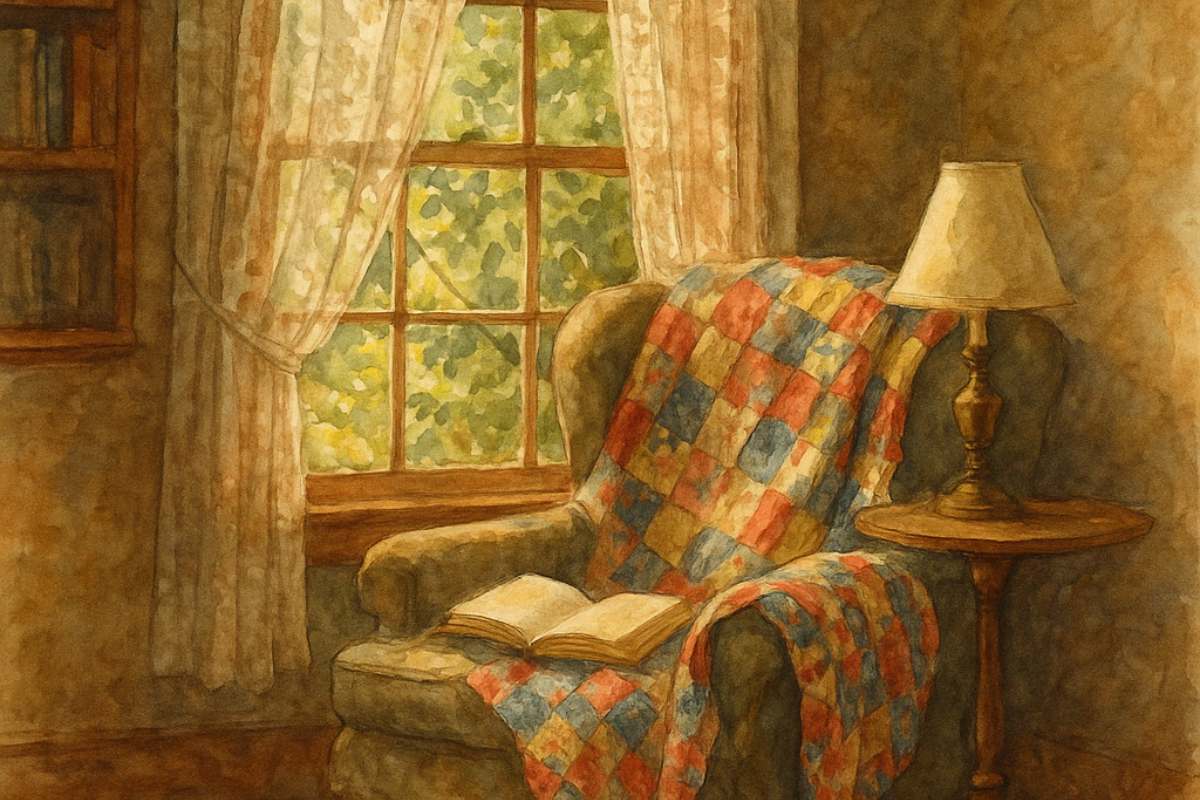 A cozy reading nook with an armchair, patchwork quilt, open book, and sunlight streaming through curtained windows.
Hands embroidering orange flowers onto fabric in an embroidery hoop, with fresh wildflowers nearby