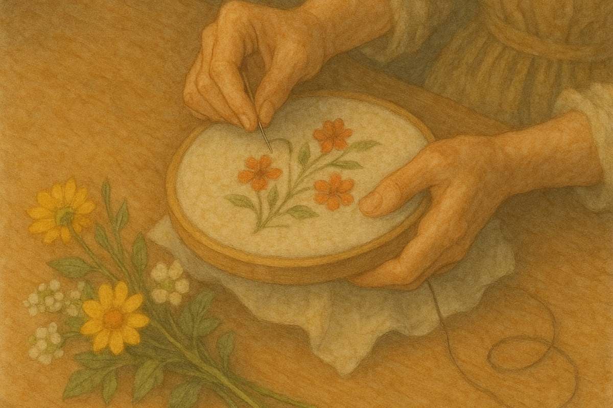 Hands embroidering orange flowers onto fabric in an embroidery hoop, with fresh wildflowers nearby.