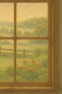 A farmhouse window view showing rolling hills, a wooden fence, and orange wildflowers in soft morning light.