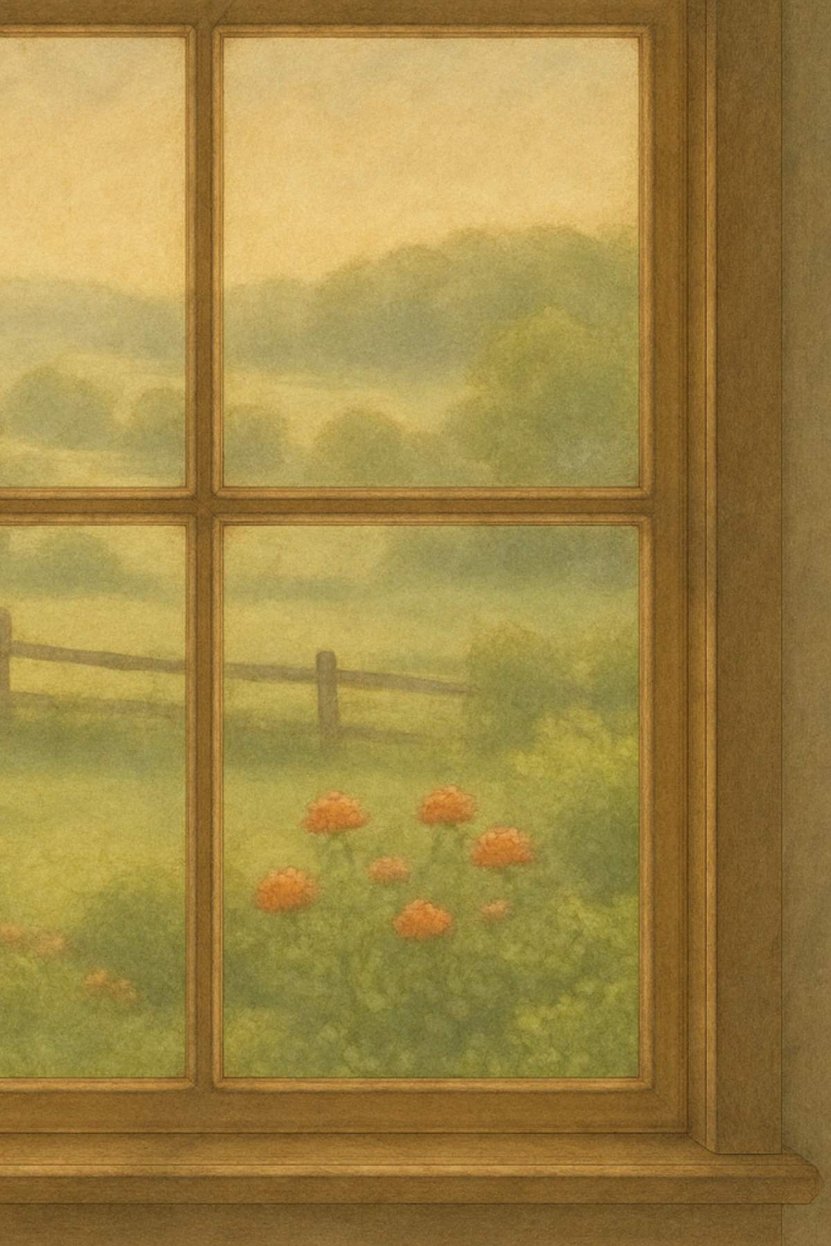 A farmhouse window view showing rolling hills, a wooden fence, and orange wildflowers in soft morning light.
