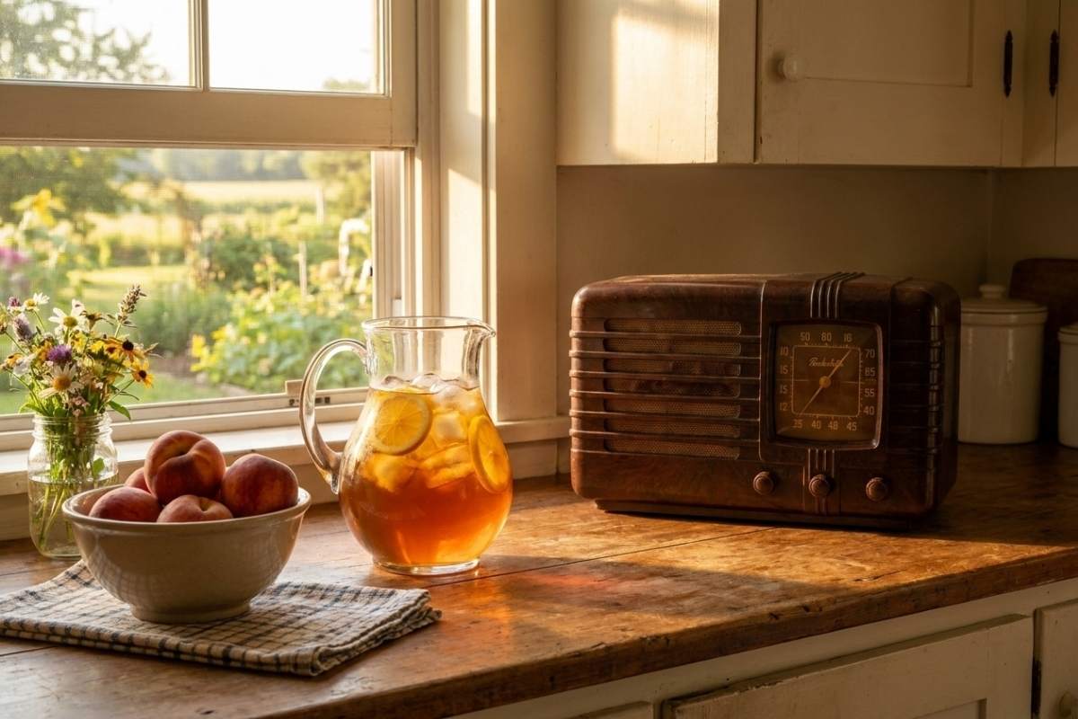 kitchen scene with radio and fruit.