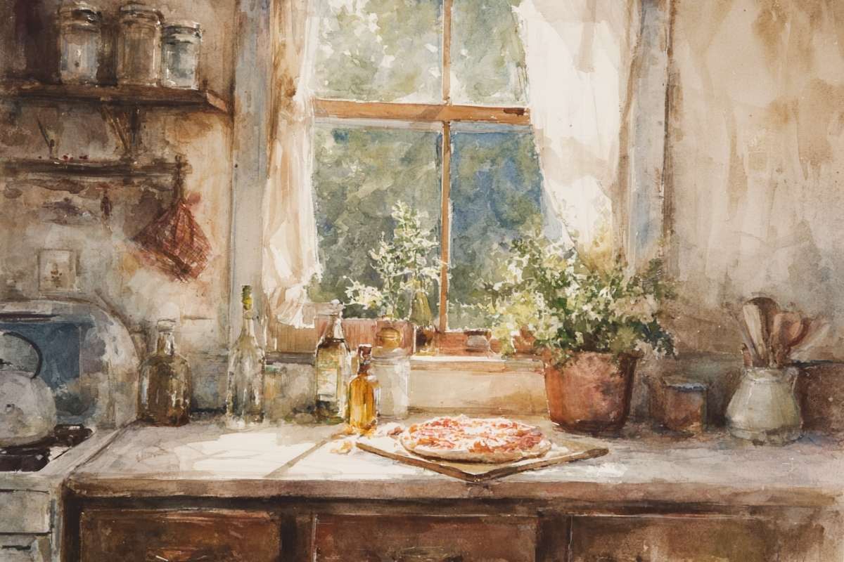frozen pizza on counter.