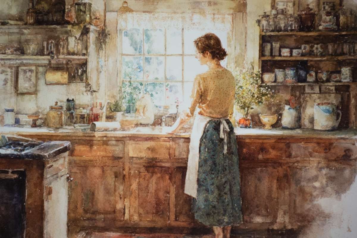woman at sink with apron.