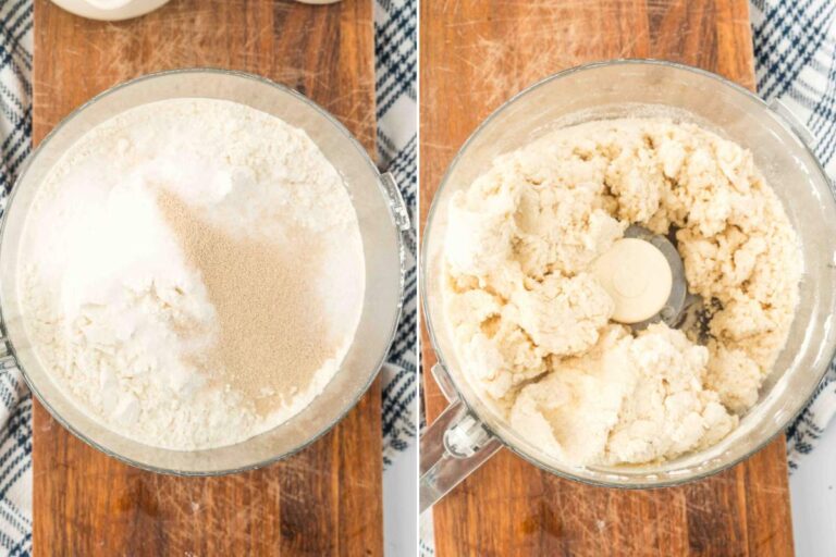 flour, salt, sugar, yeast in food processor.