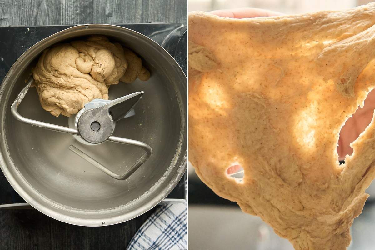 stand mixer with smooth dough and translucent area.