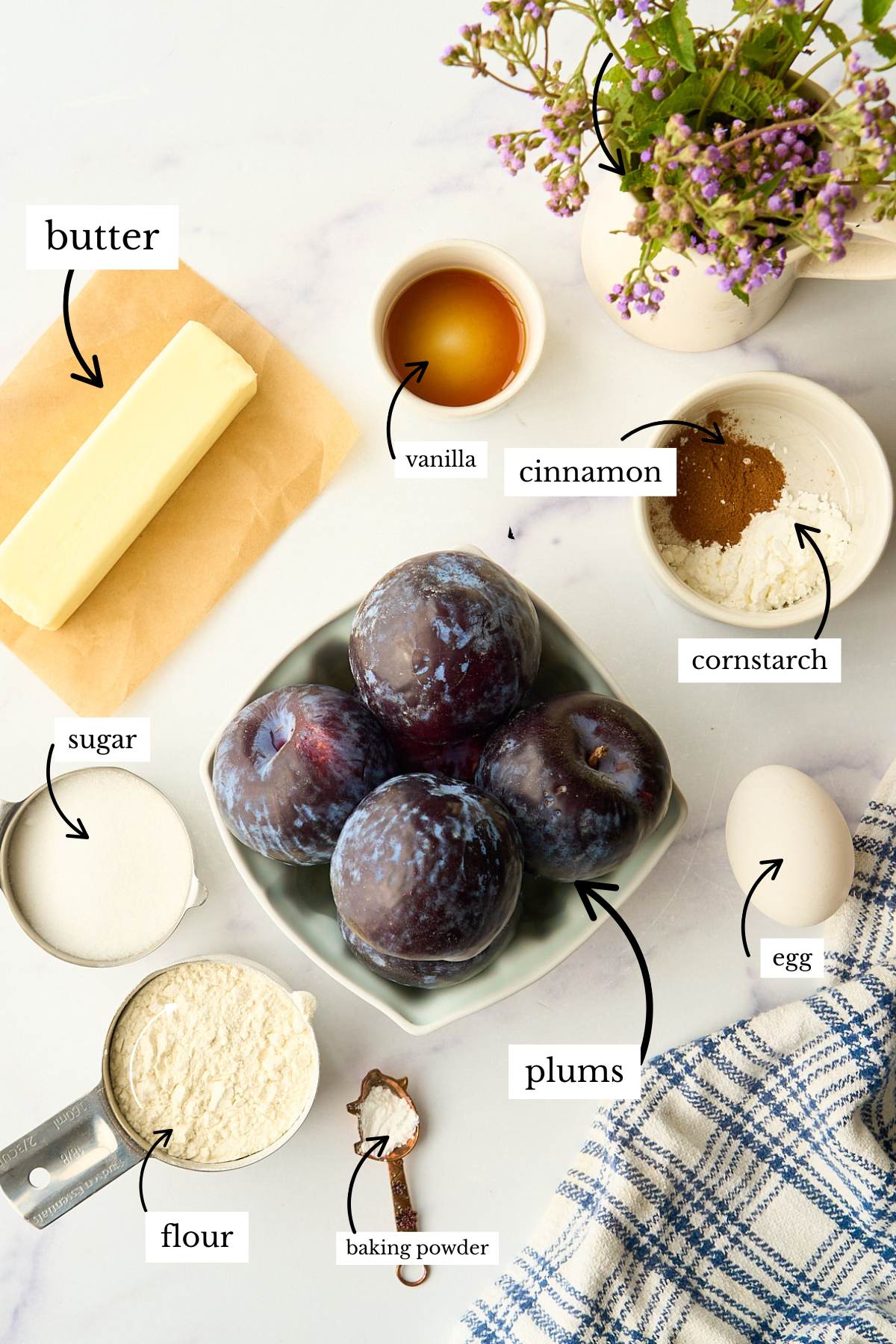 labeled ingredients on marble surface.
