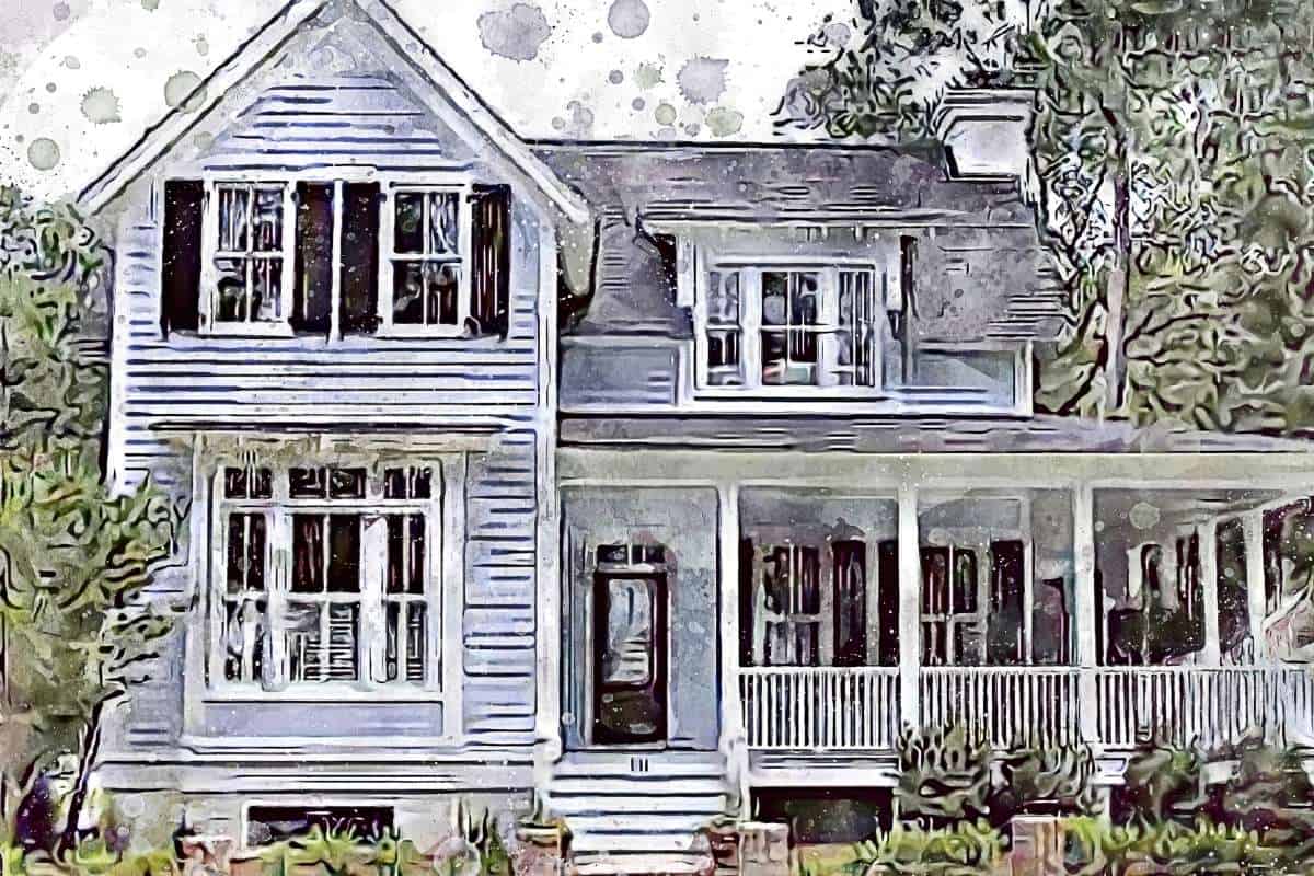 blue gray house with corner porch and big windows