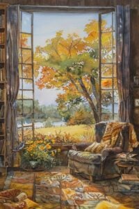 A cozy reading area with a plush armchair covered with a warm blanket, next to a large window with a view of a serene autumn landscape.
