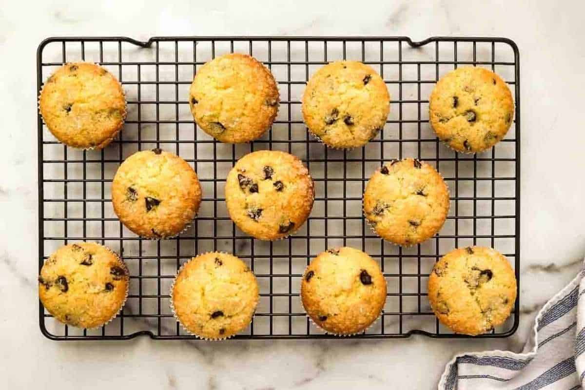 cooling rack with 1 dozen sugar topped muffins