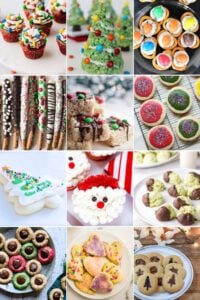 A multi-photo collage of Christmas baking treats, including Christmas light cupcakes, rice cereal Christmas trees, pretzel treats with candy toppings, and decorated cookies, offering a variety of easy baking projects for kids to enjoy.