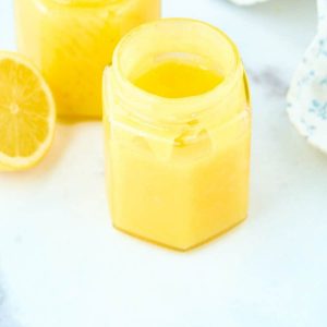 hexagonal small jar filled with homemade lemon curd