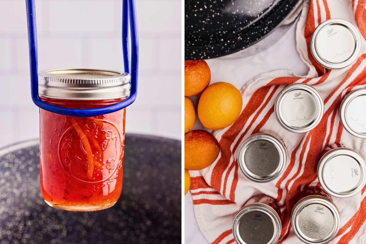collage of jar lifted out of canner, and jars placed on tea towel to cool.