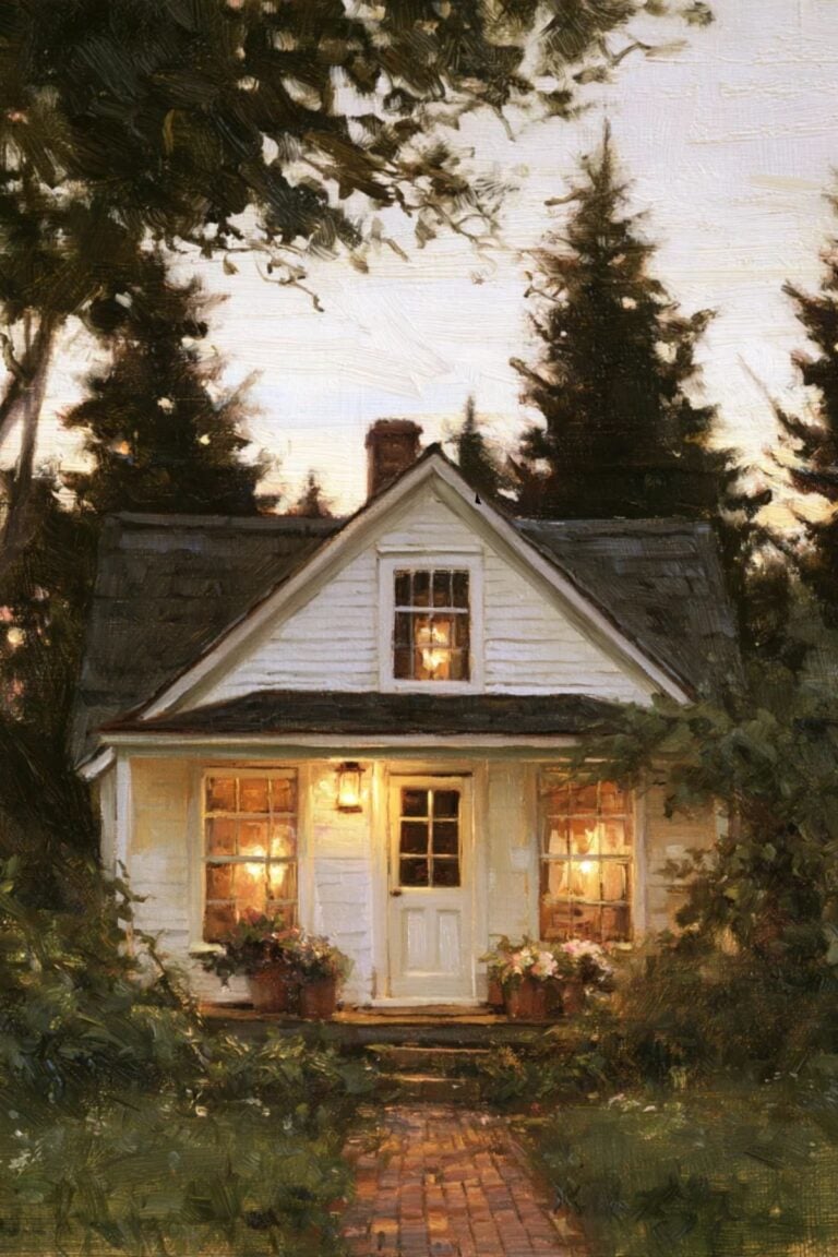 white cottage at dusk.