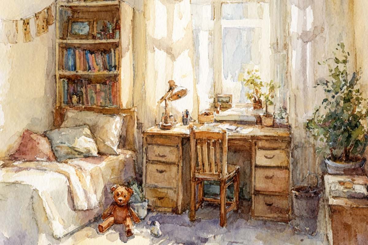 kids bedroom with plant and desk.
