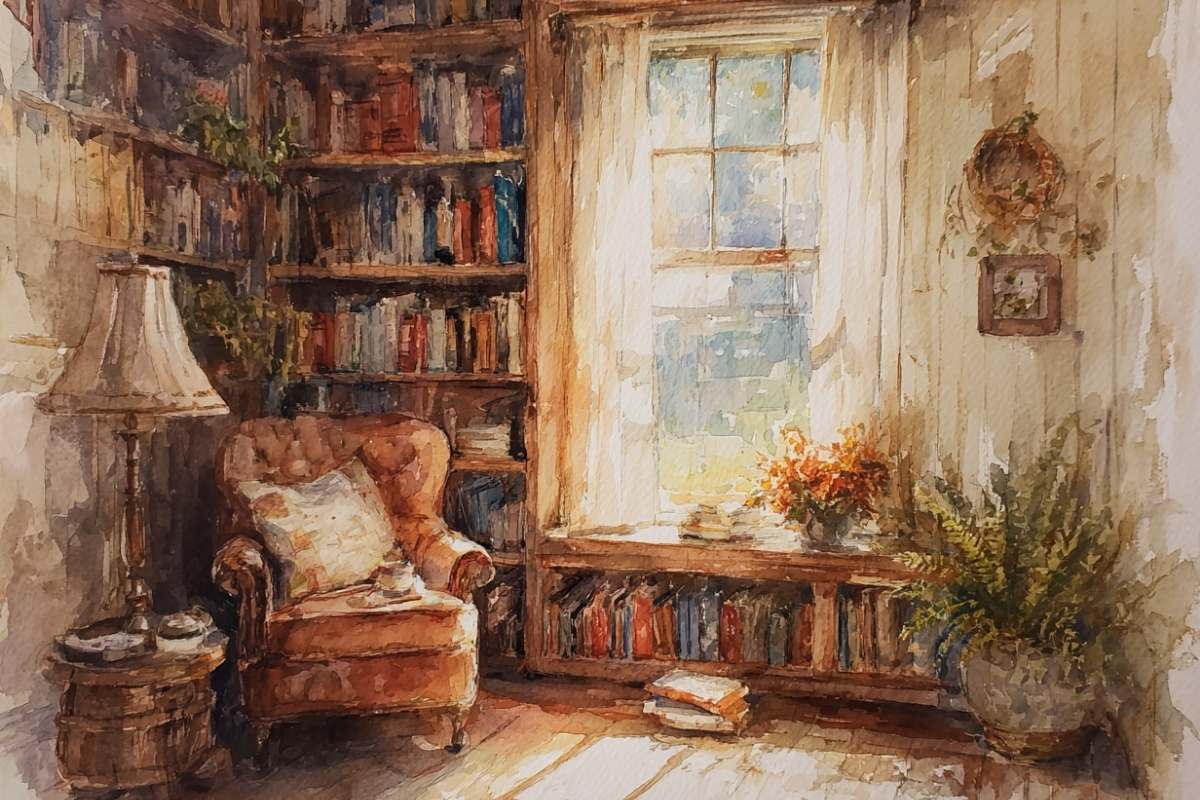home library with books and leather chair.