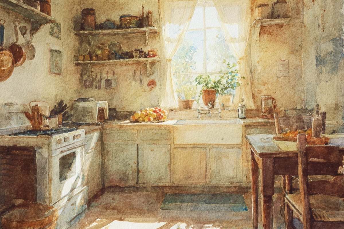 sunny kitchen with wood table.