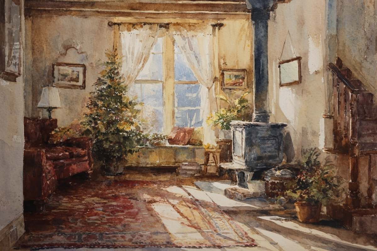 sunny living room with wood stove.