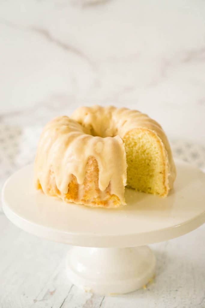 caramel Bundt Cake on cake stand