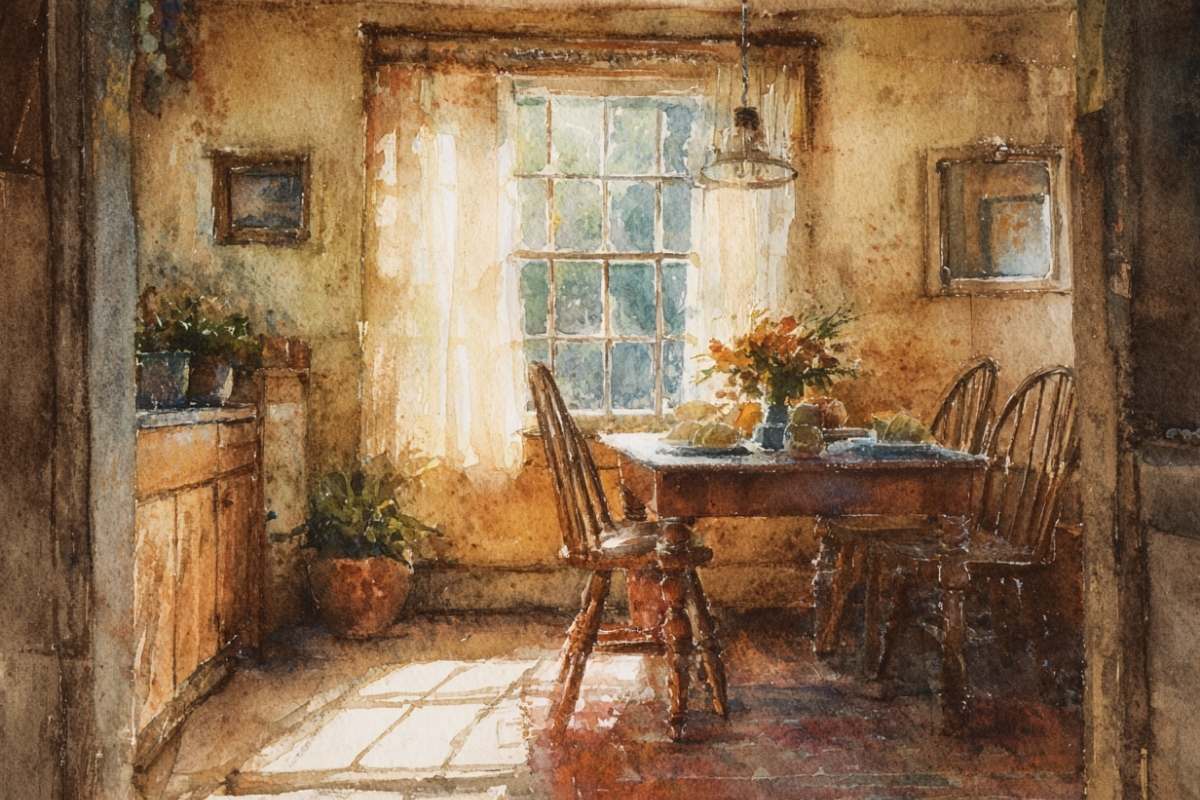 sunny watercolor of kitchen.