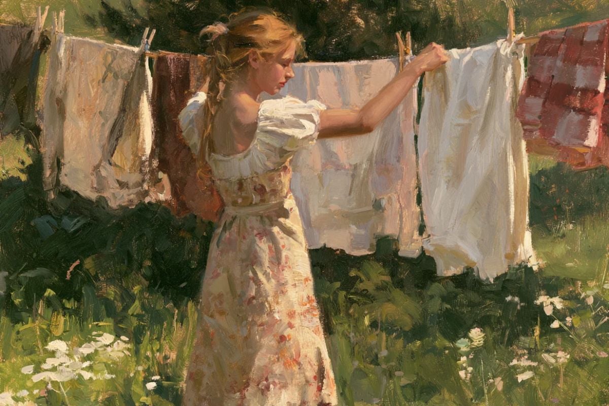 young woman hanging clothes on laundry line.