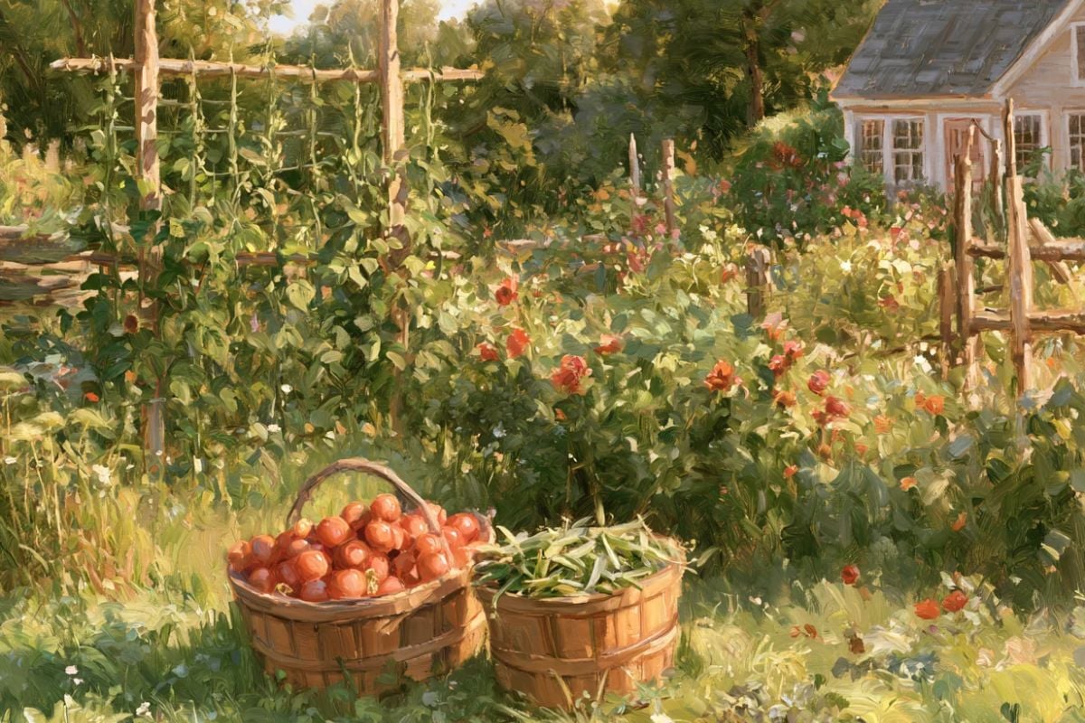 home garden with beans and tomatoes