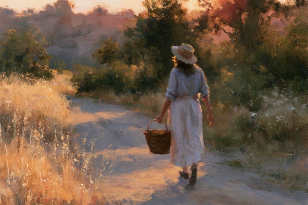 woman walking down country lane.