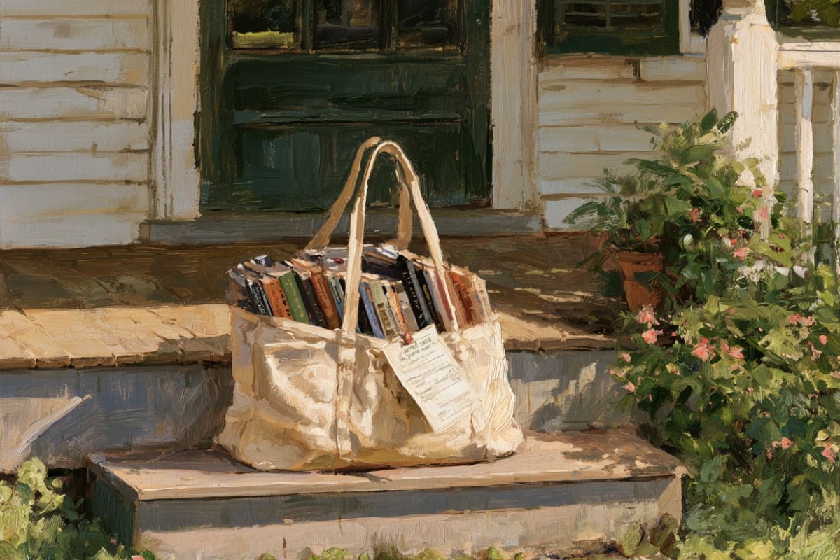 basket of books on doorstep.