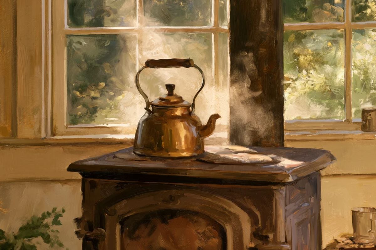 tea kettle on wood stove.