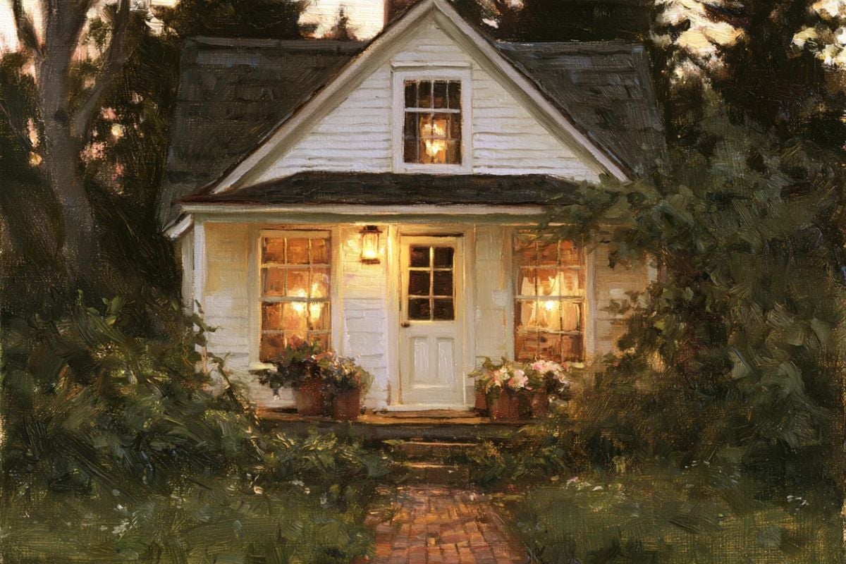 small cottage in the evening.