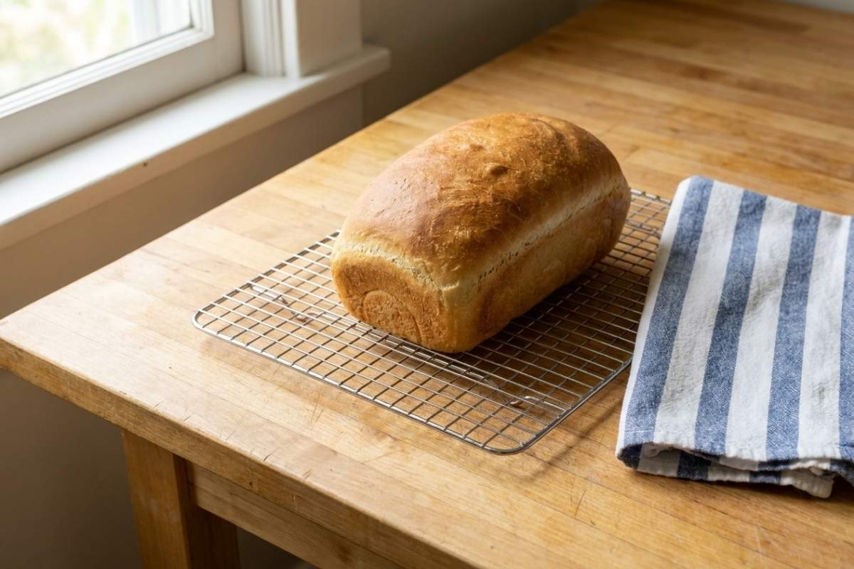 A loaf of bread cooling on a wire rack with a striped towel.