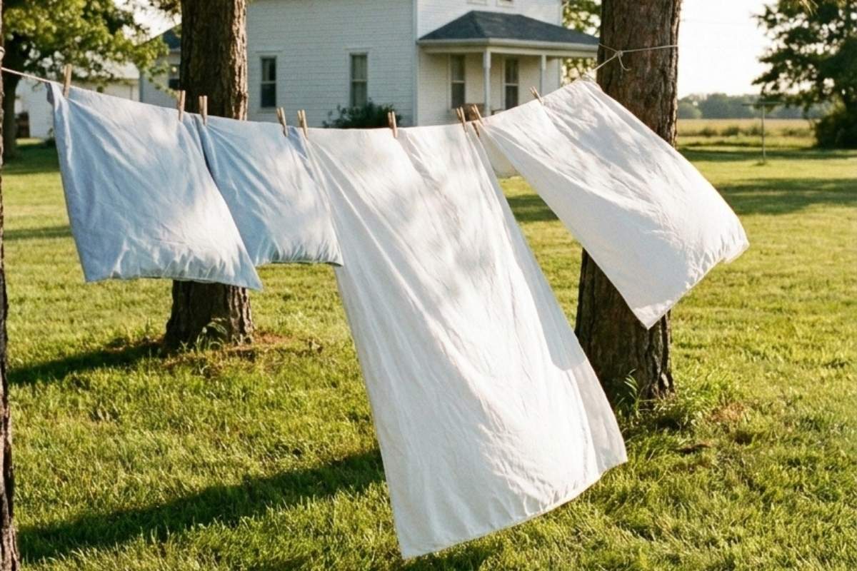 White sheets and laundry hanging on a clothesline in a yard.