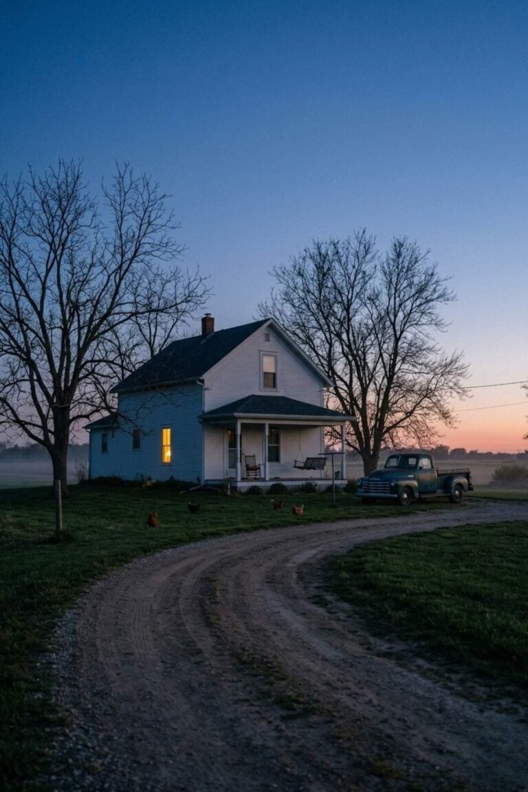 White farmhouse at dusk, curved gravel driveway in front