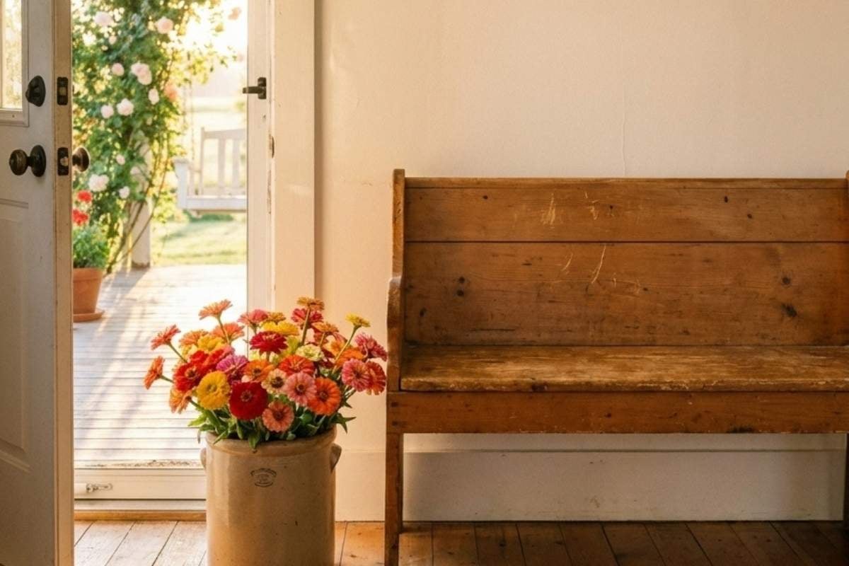A front porch with a wooden bench and a pot of orange and pink flowers.