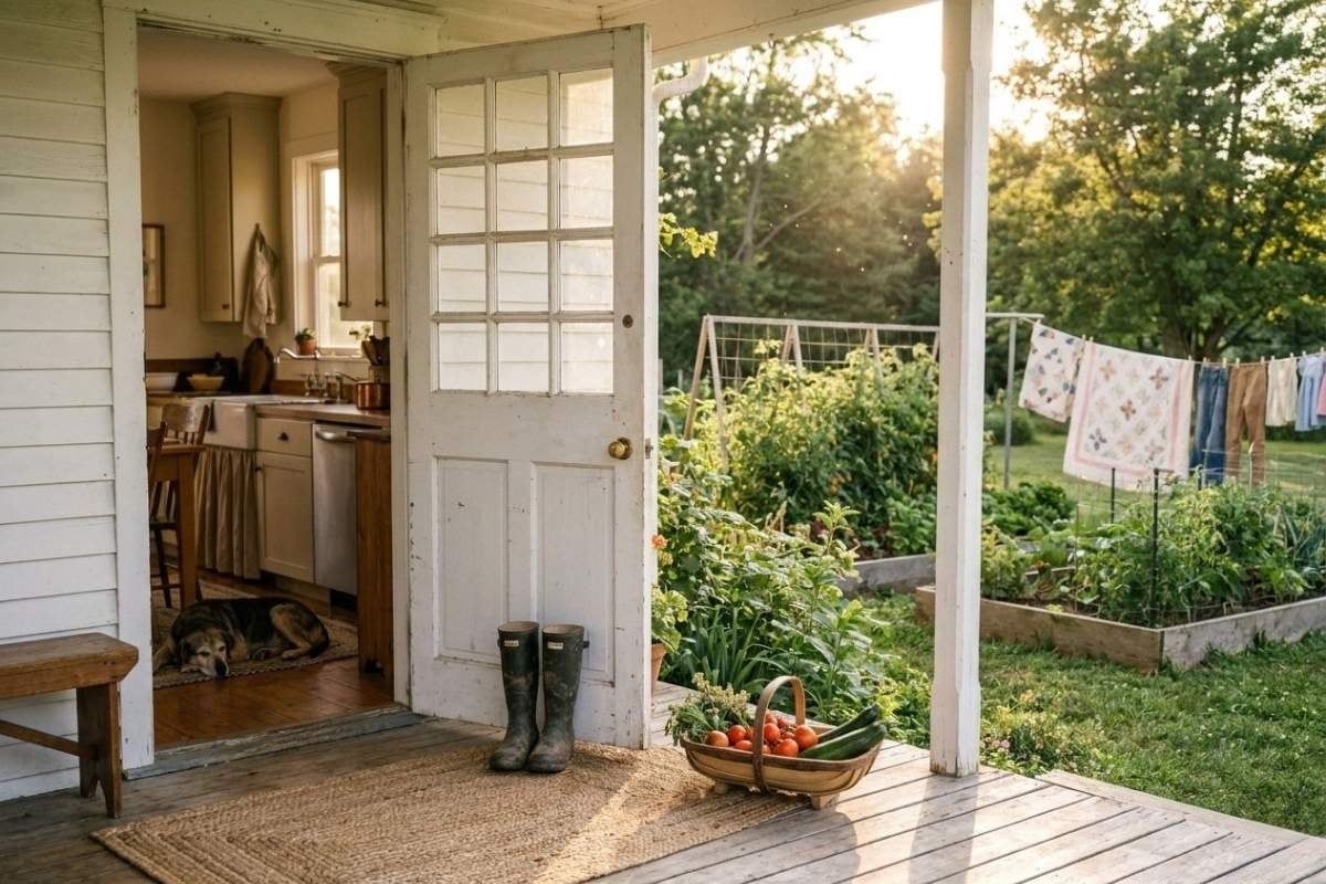A porch doorway looking out to a garden, clothesline, and basket of tomatoes.