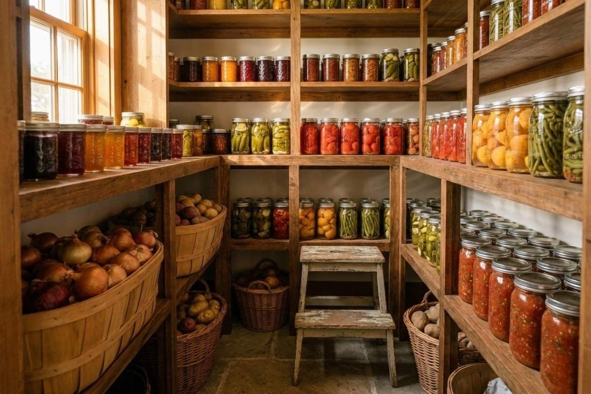 Wooden pantry shelves filled with canning jars, onions, and baskets.