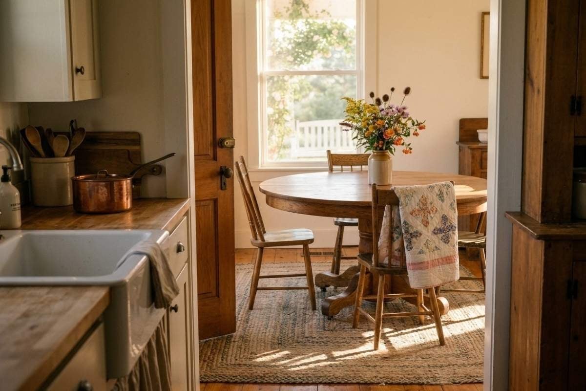 A small kitchen with a round wooden table, chairs, and a vase of flowers.
