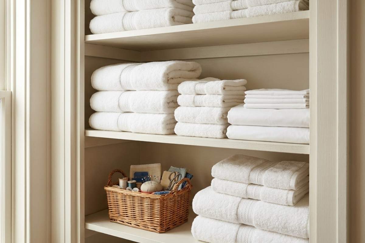 A closet shelf with neatly folded white towels stacked in rows.