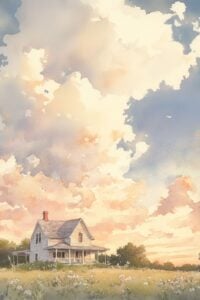 farmhouse scene at sunset.