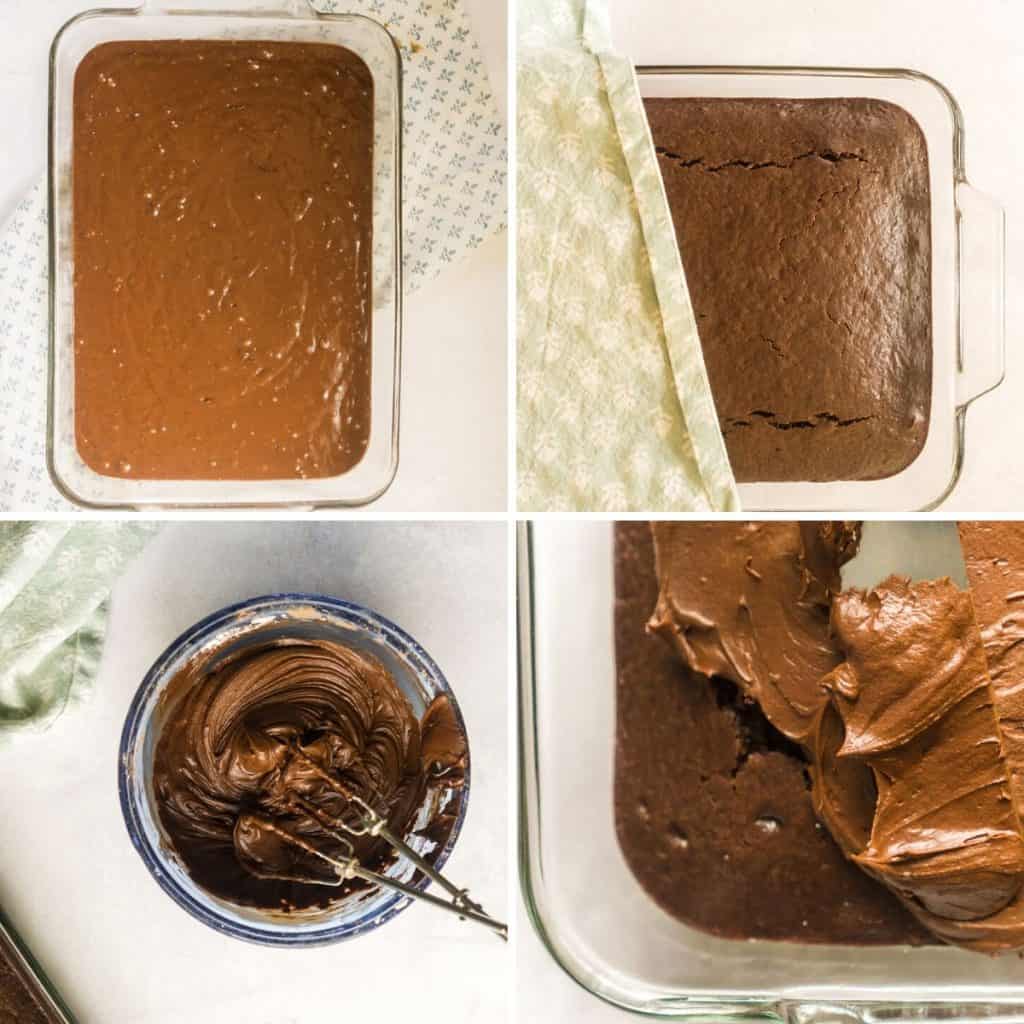 grid of 4 images, pouring batter into baking dish, fully baked chocolate cake,  making chocolate frosting, spreading iced on cake