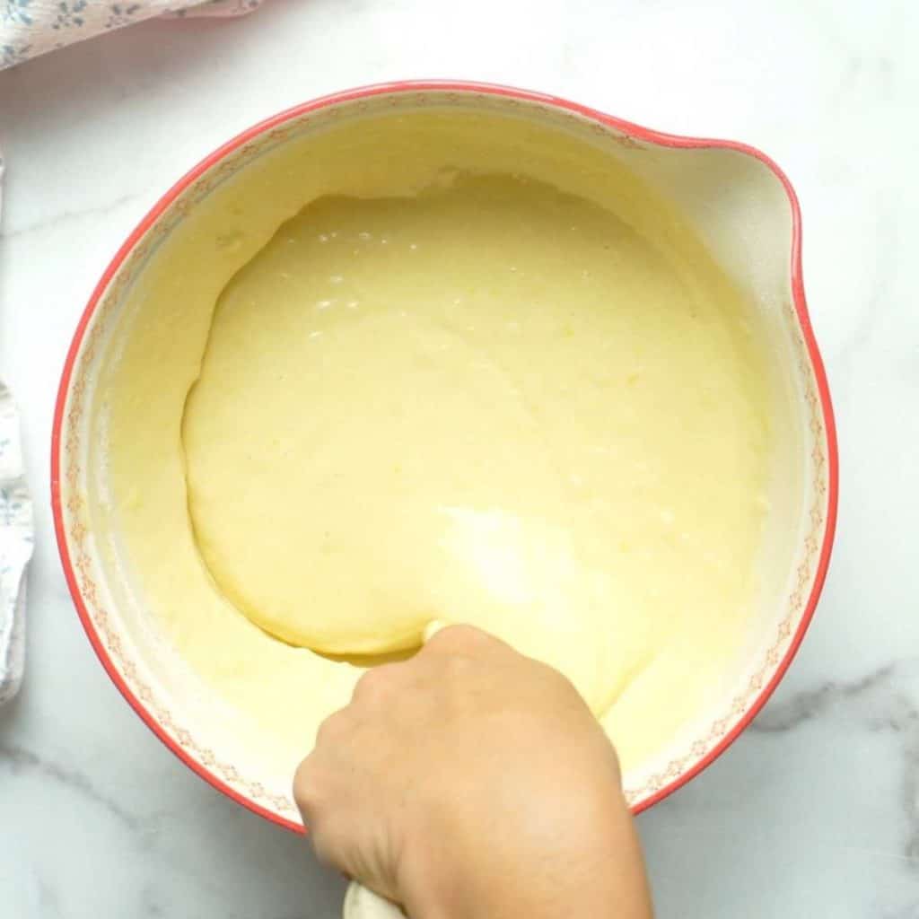 finished cake batter in mixing bowl