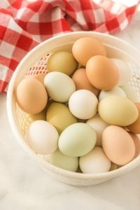 basket of multi colored chicken eggs