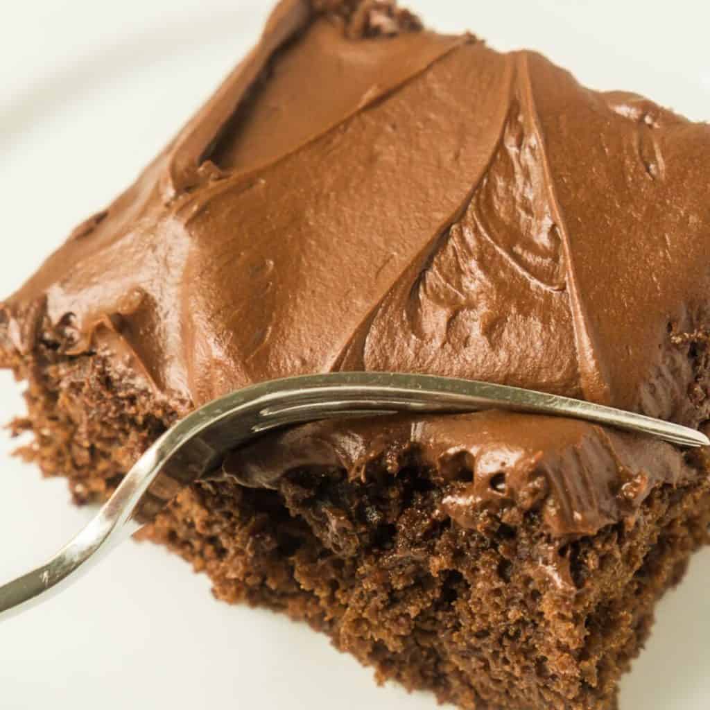 square slice of sourdough chocolate cake with fork cutting it