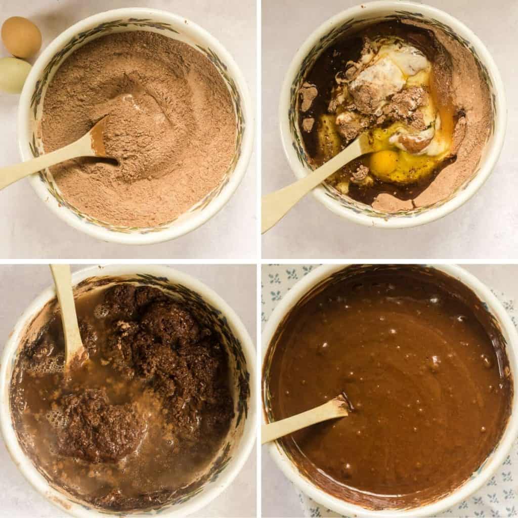 grid of 4 process shots- mixing dry ingredients, adding wet ingredients, mixing batter, pouring in hot water into cake batter
