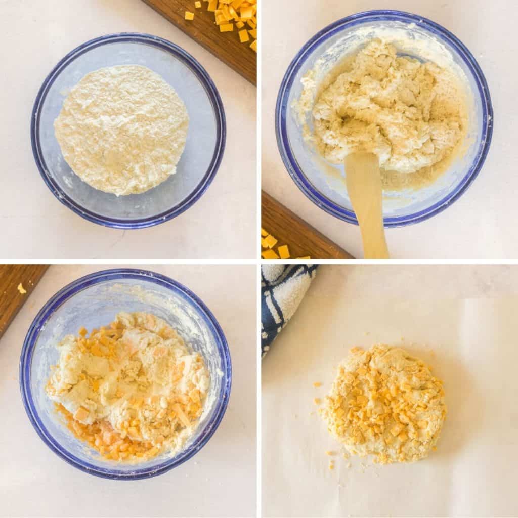 grid of 4 images; mixing butter and flour, stirring in sourdough starter. adding cheese, and turning out dough onto counter
